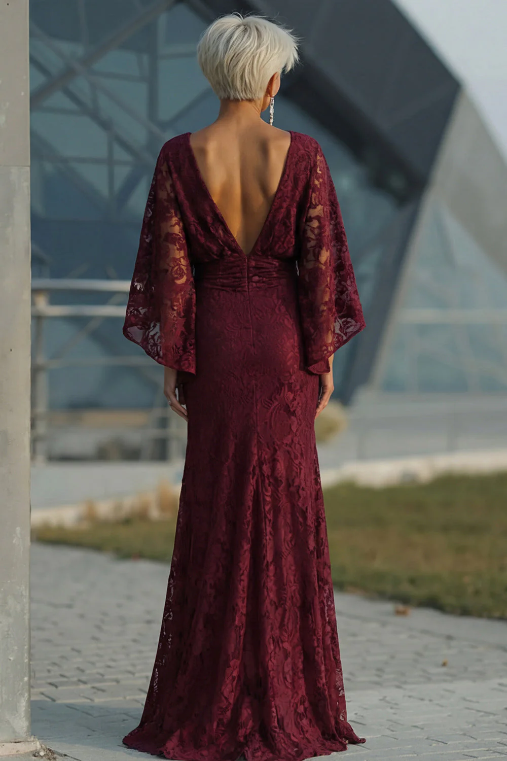Burgundy Lace Sheath Mother of the Bride Dress with Pockets - Image 2
