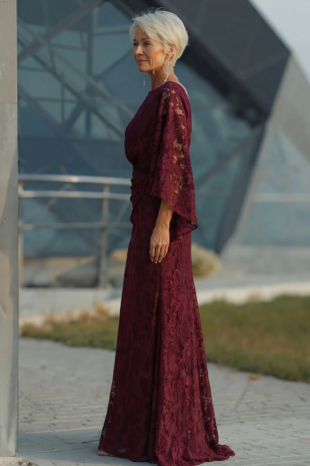 Burgundy Lace Sheath Mother of the Bride Dress with Pockets - Image 3