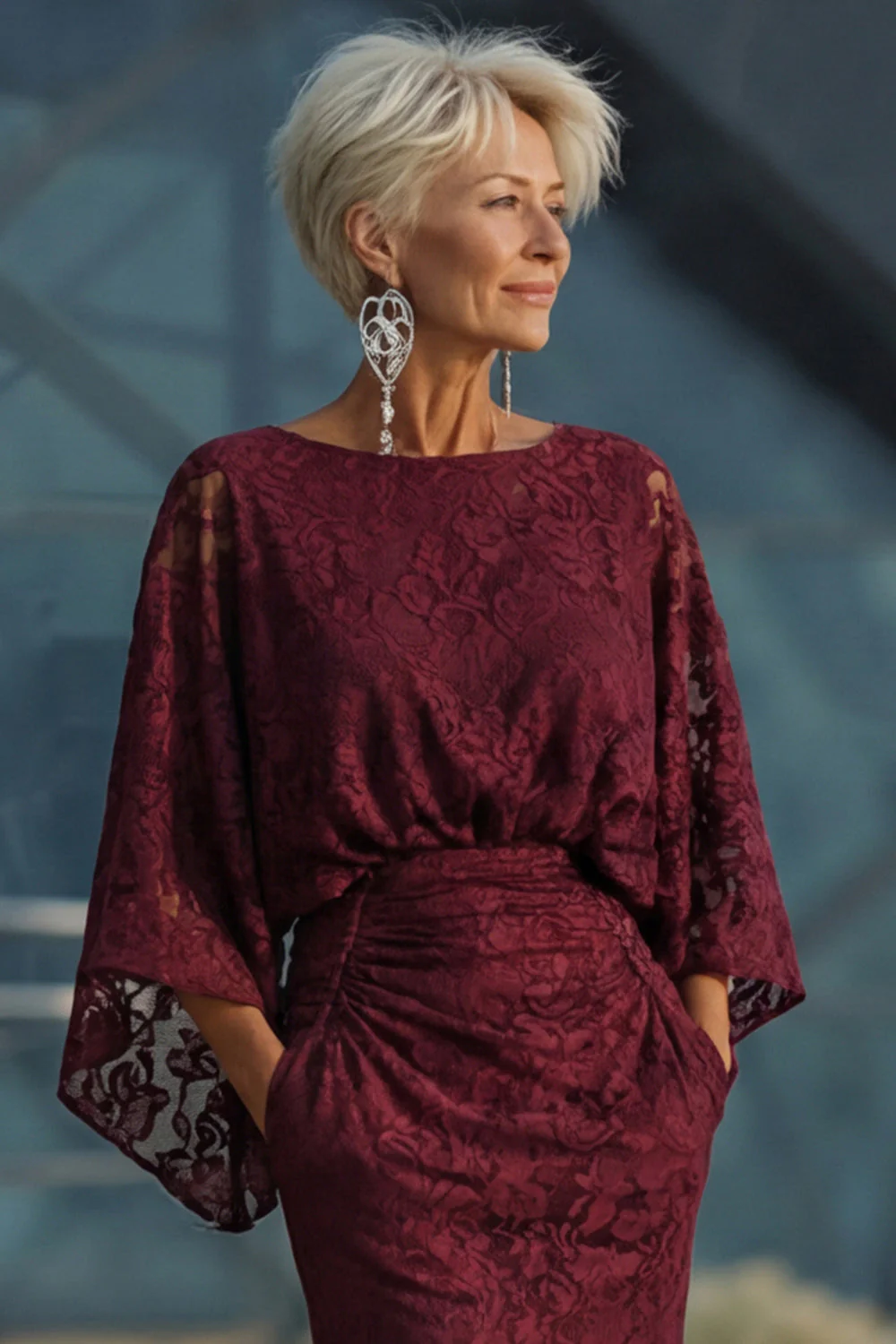 Burgundy Lace Sheath Mother of the Bride Dress with Pockets - Image 4