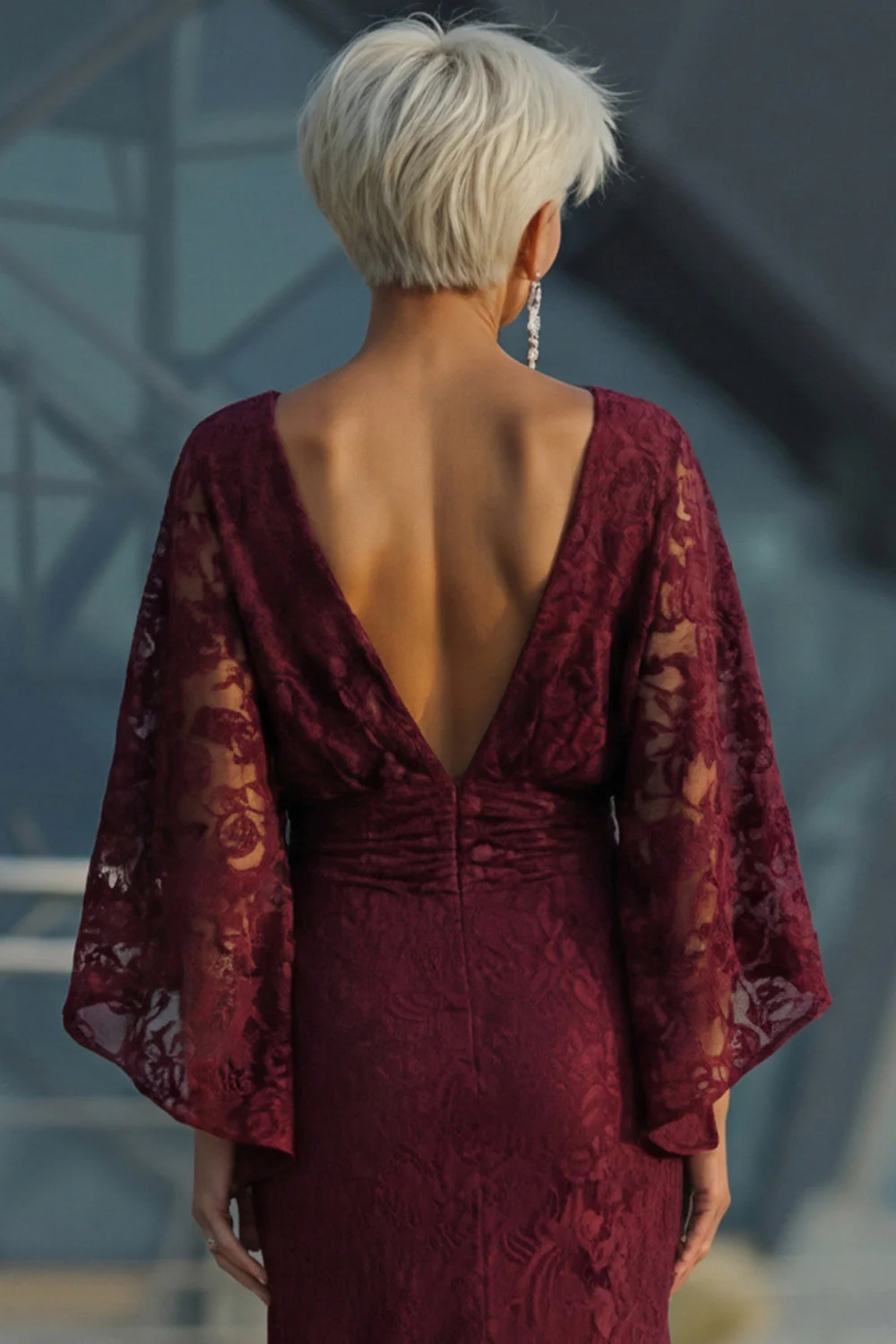Burgundy Lace Sheath Mother of the Bride Dress with Pockets - Image 5