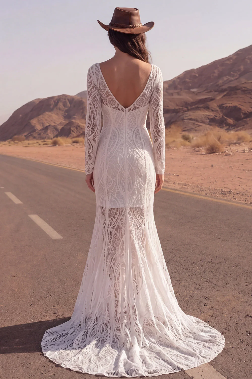 Ivory Lace Mermaid Long Sleeves Boho Wedding Dress - Image 2