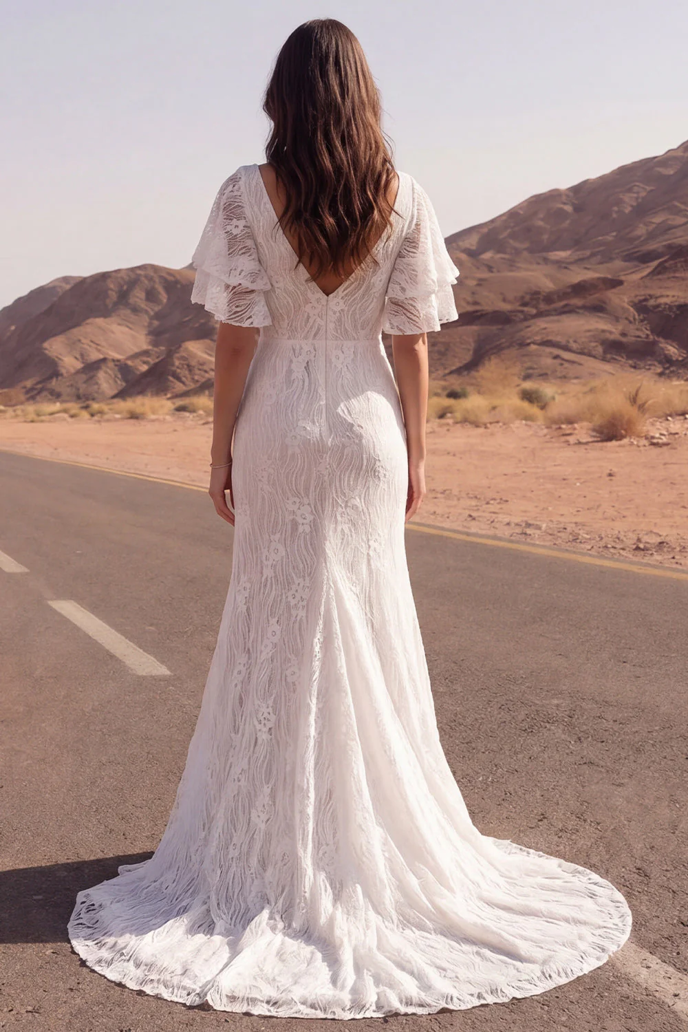 Lace Ivory Mermaid Short Sleeves Boho Wedding Dress with Slit - Image 2