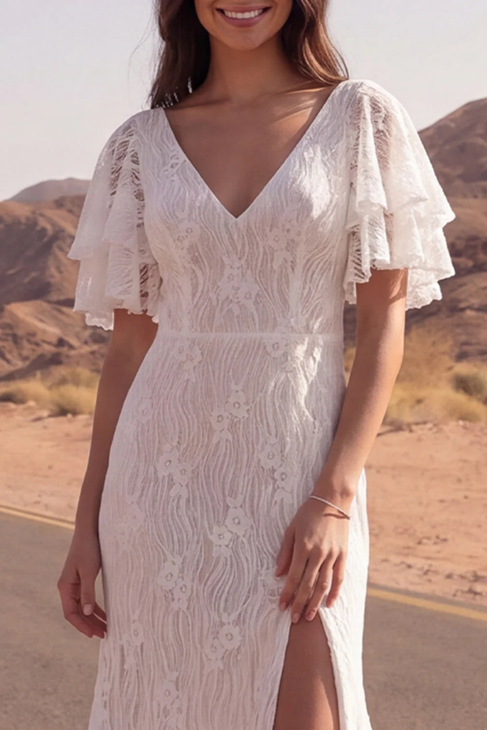 Lace Ivory Mermaid Short Sleeves Boho Wedding Dress with Slit - Image 3