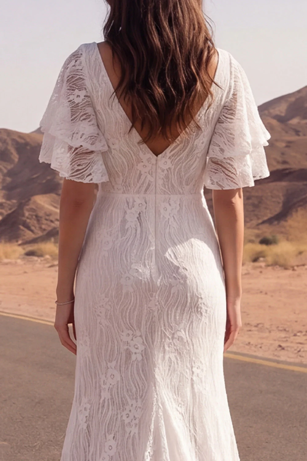 Lace Ivory Mermaid Short Sleeves Boho Wedding Dress with Slit - Image 4