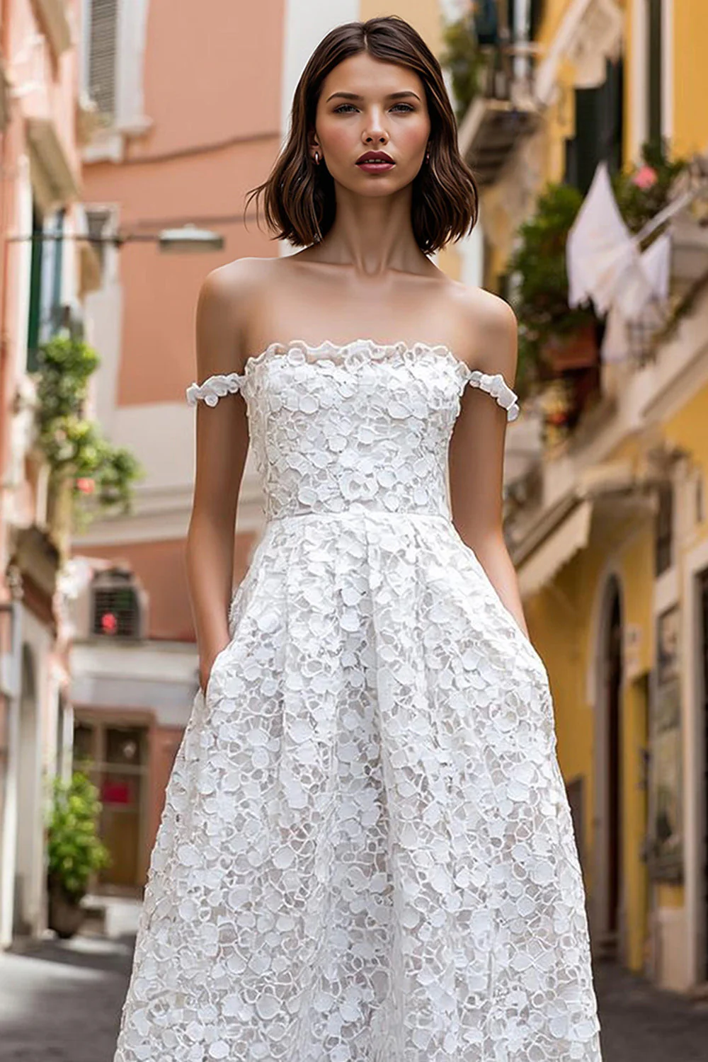 Lace Off the Shoulder White A Line Midi Wedding Dress - Image 3