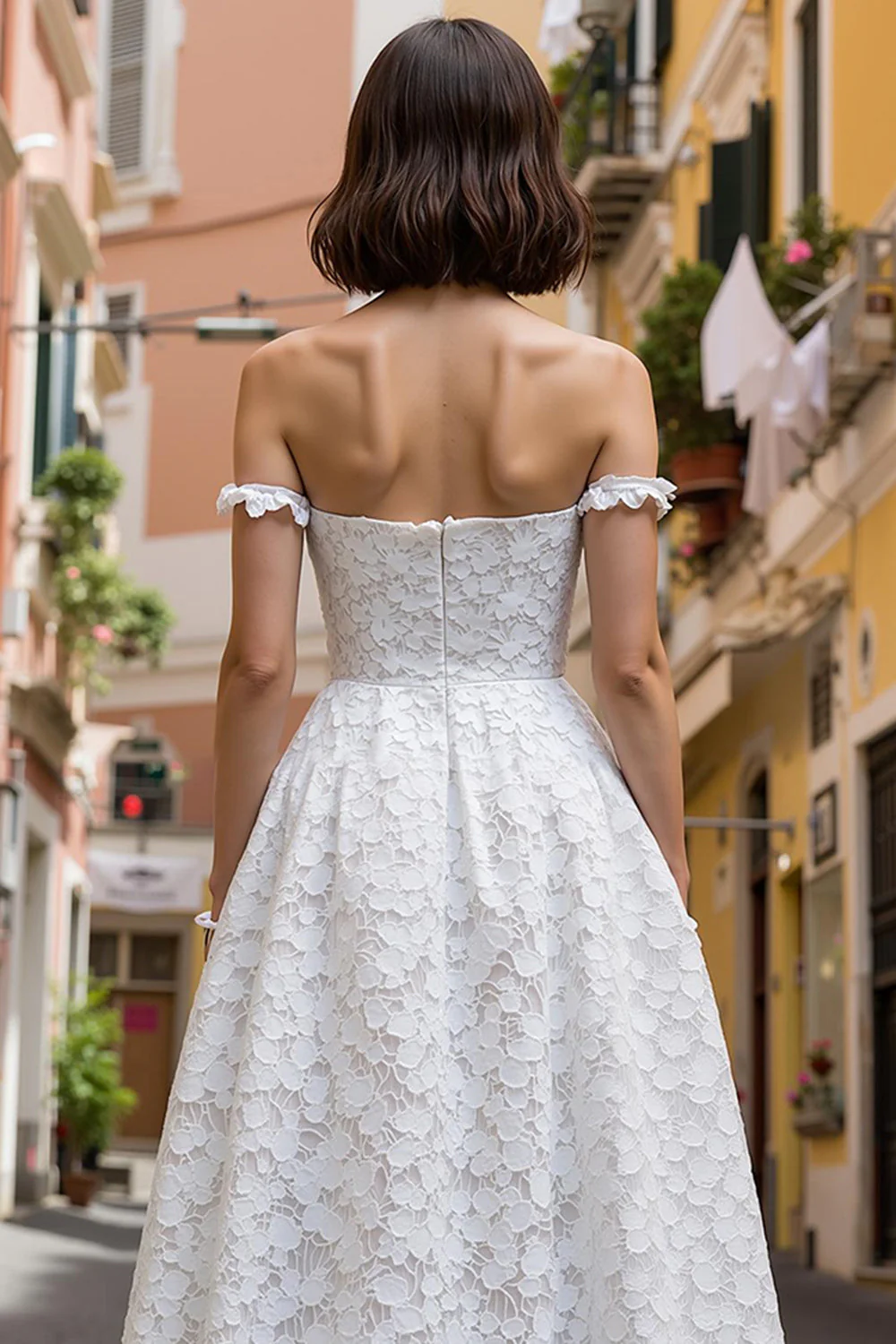 Lace Off the Shoulder White A Line Midi Wedding Dress - Image 4