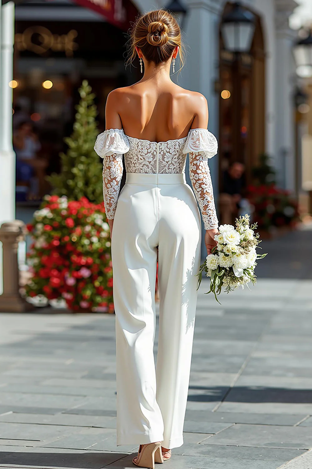 Lace White Off the Shoulder Bridal Jumpsuits with Pockets - Image 2