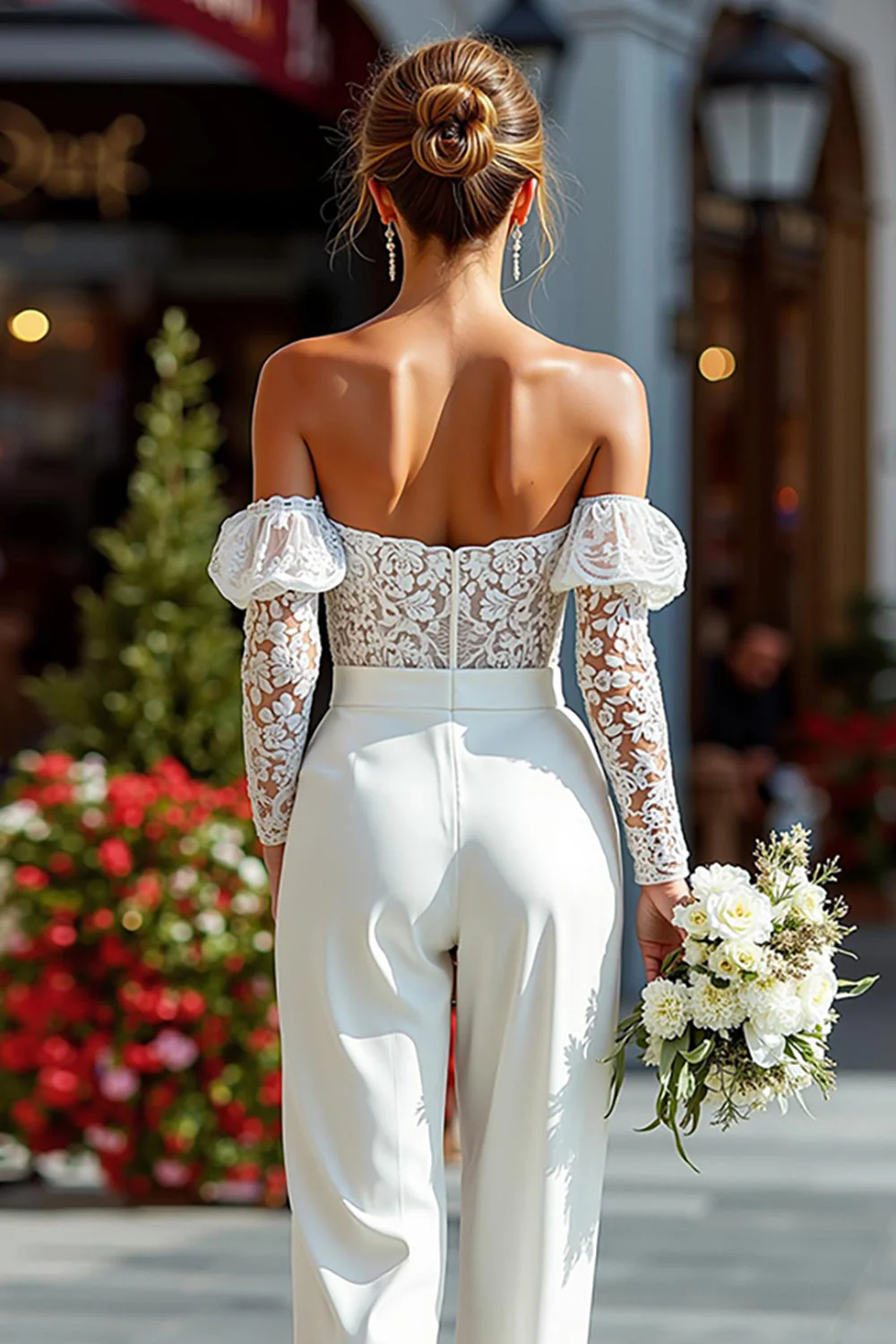 Lace White Off the Shoulder Bridal Jumpsuits with Pockets - Image 4