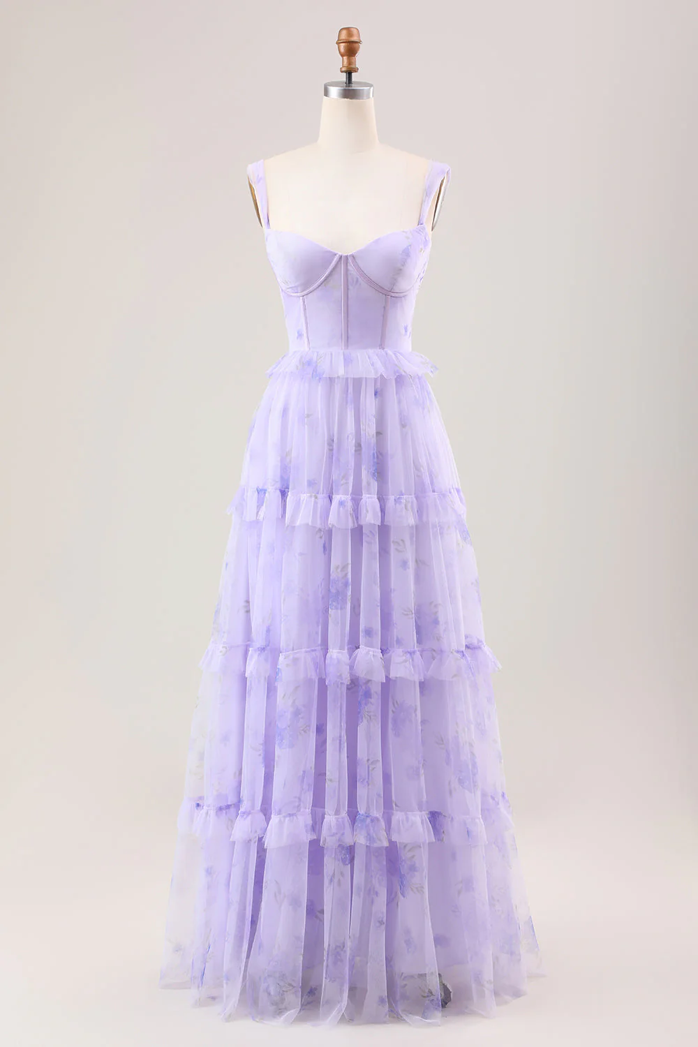 Lavender A Line Corset Spaghetti Straps Floral Tiered Wedding Party Dress - Image 4