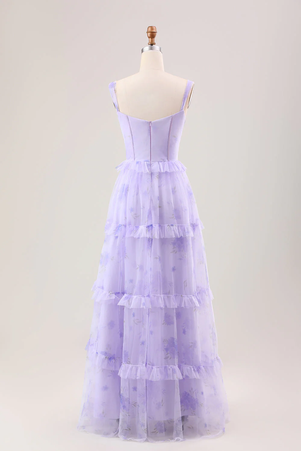 Lavender A Line Corset Spaghetti Straps Floral Tiered Wedding Party Dress - Image 5