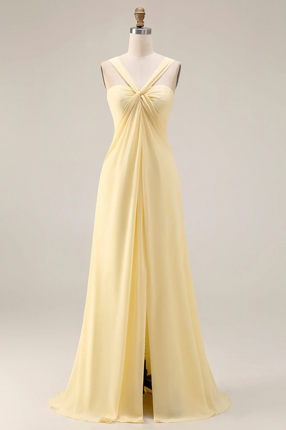 Lemon Sorbet A Line Chiffon Convertible Long Bridesmaid Dress with Slit - Image 3