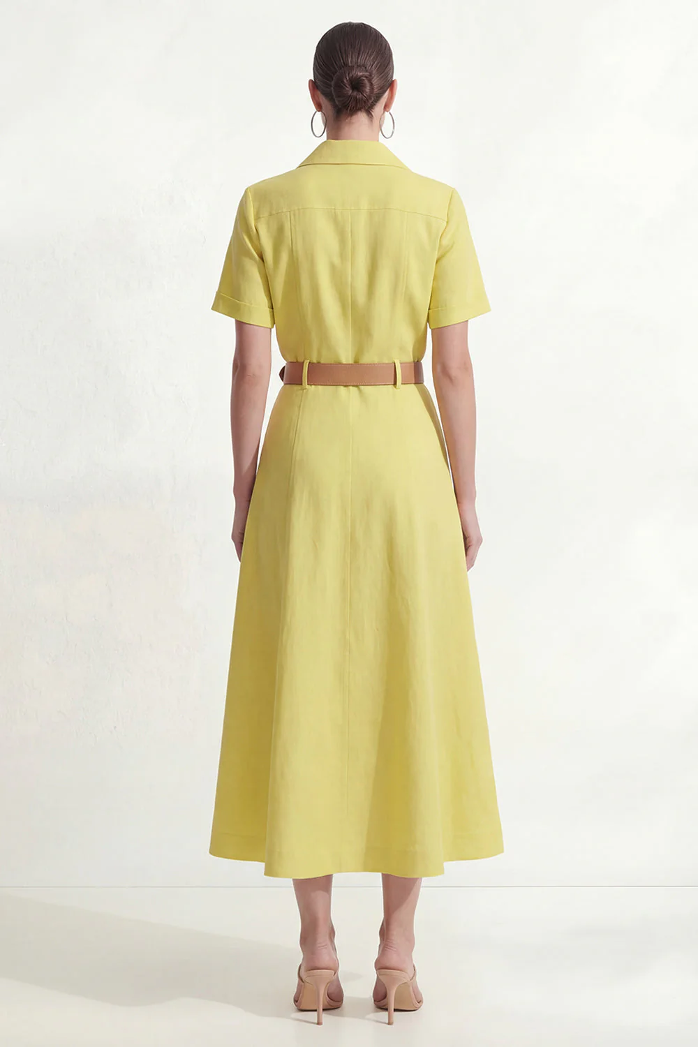 Lemon Yellow A-Line Collar Neck Short Sleeves Midi Work Dress with Belt - Image 2