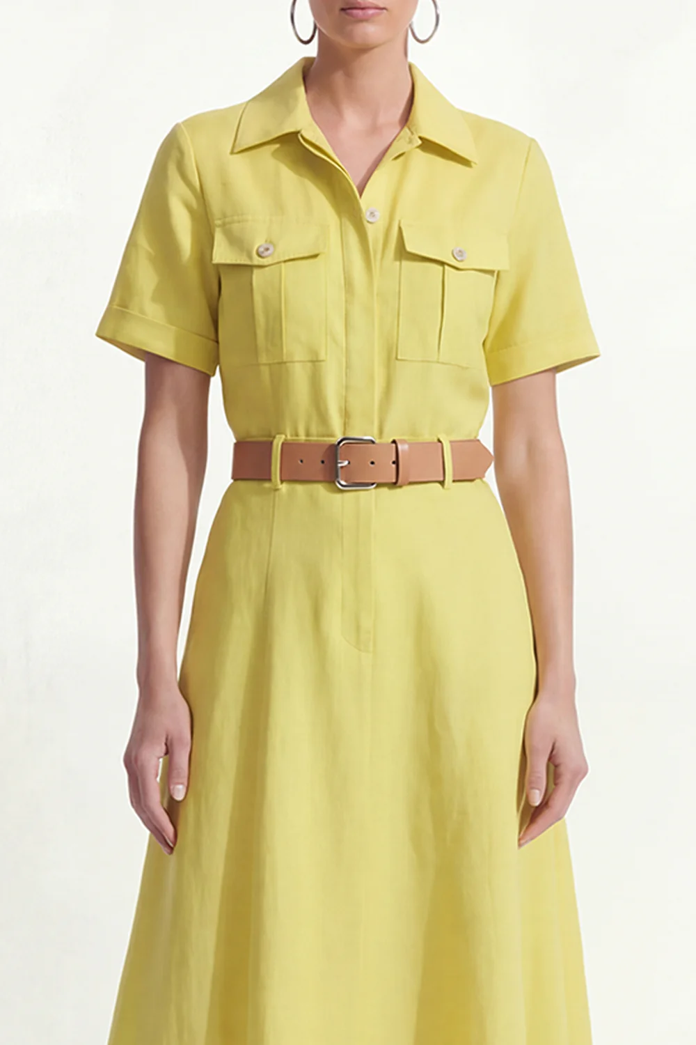Lemon Yellow A-Line Collar Neck Short Sleeves Midi Work Dress with Belt - Image 3