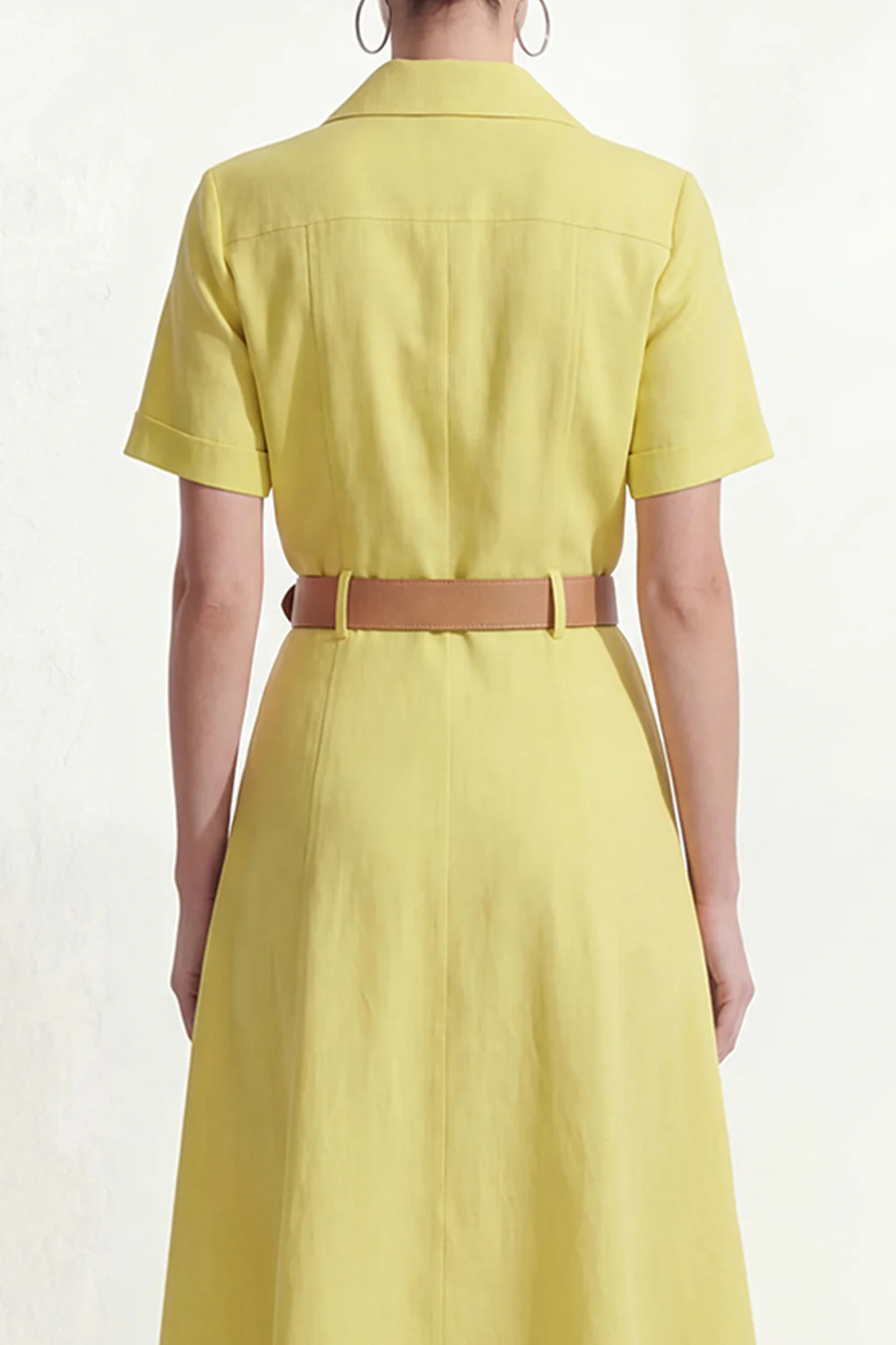 Lemon Yellow A-Line Collar Neck Short Sleeves Midi Work Dress with Belt - Image 4