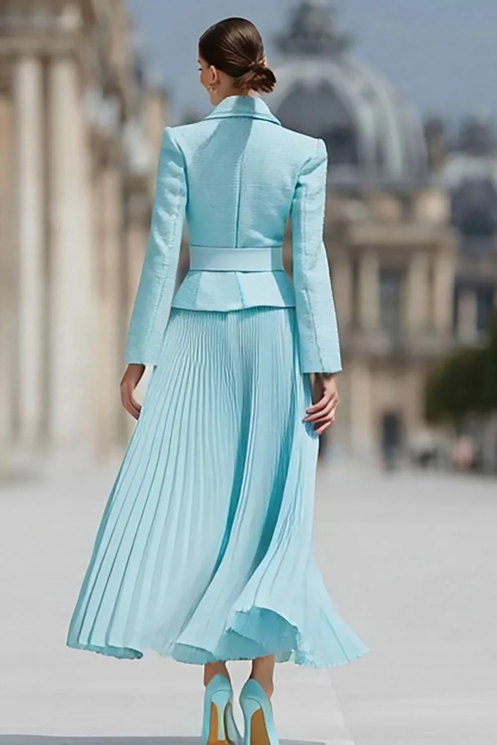 Light Blue 2 Piece A Line Notched Lapel Pleated Work Dress - Image 2