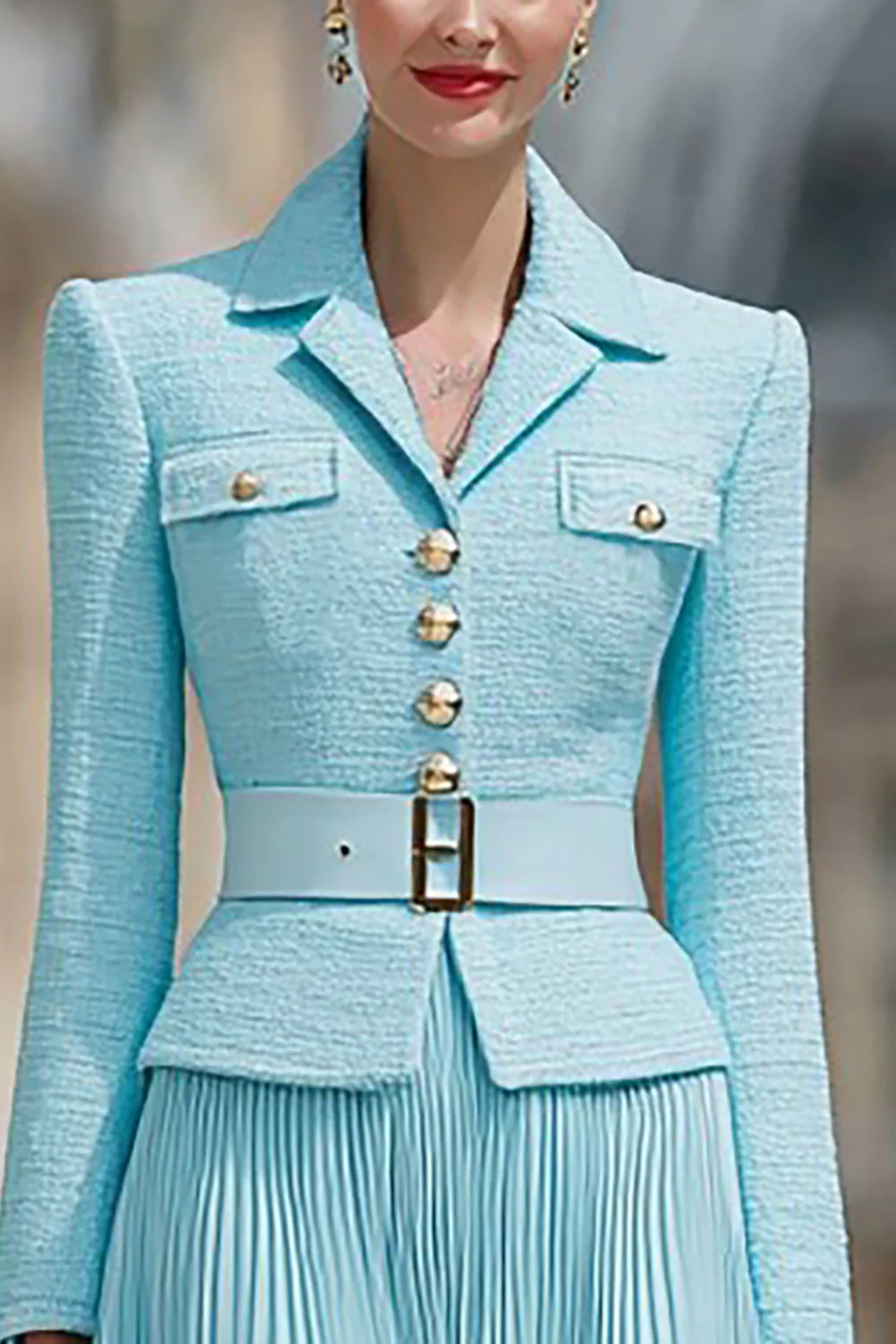 Light Blue 2 Piece A Line Notched Lapel Pleated Work Dress - Image 3
