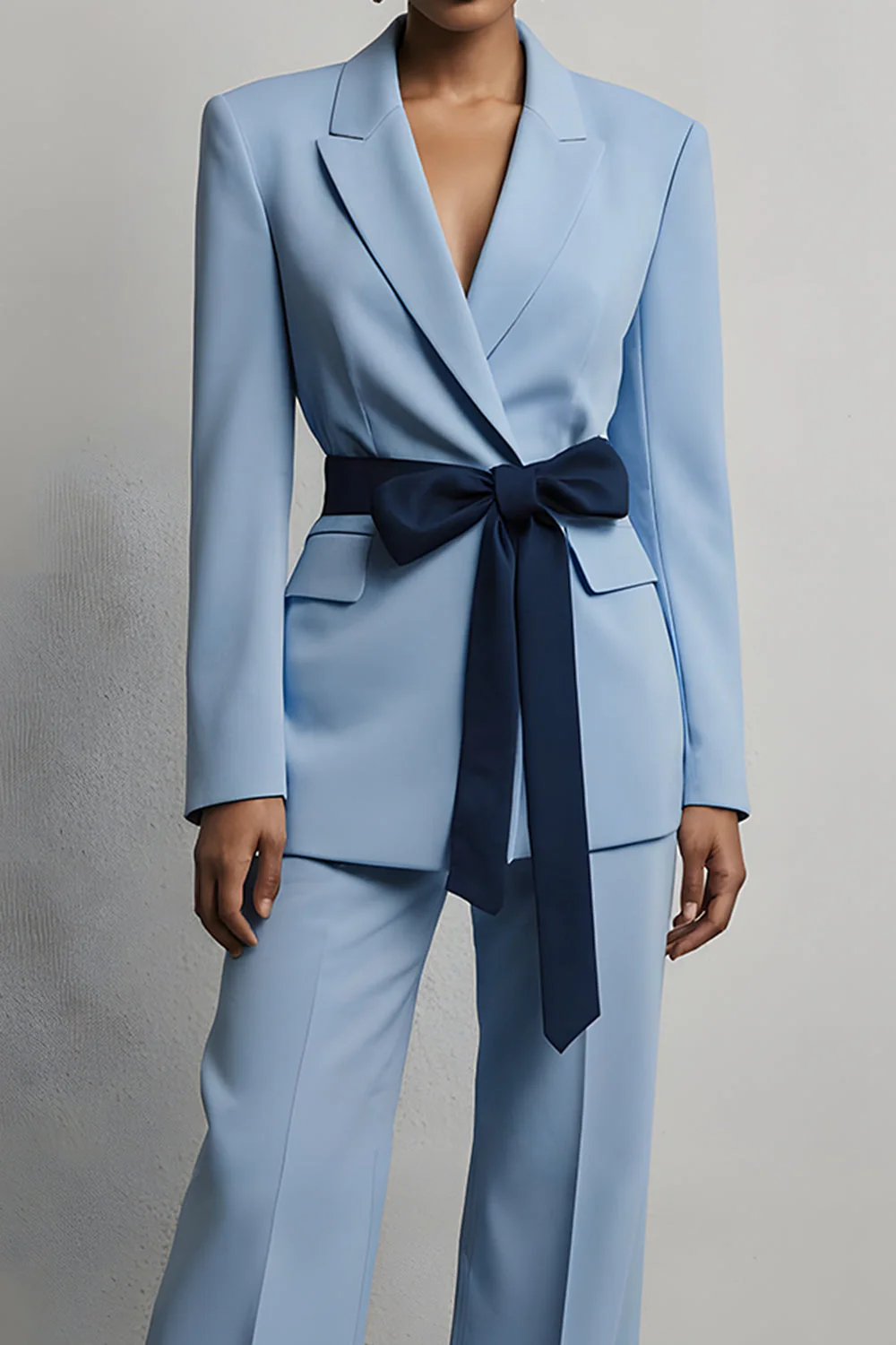 Light Blue 2 Piece Peak Lapel Business Suits with Sash - Image 3