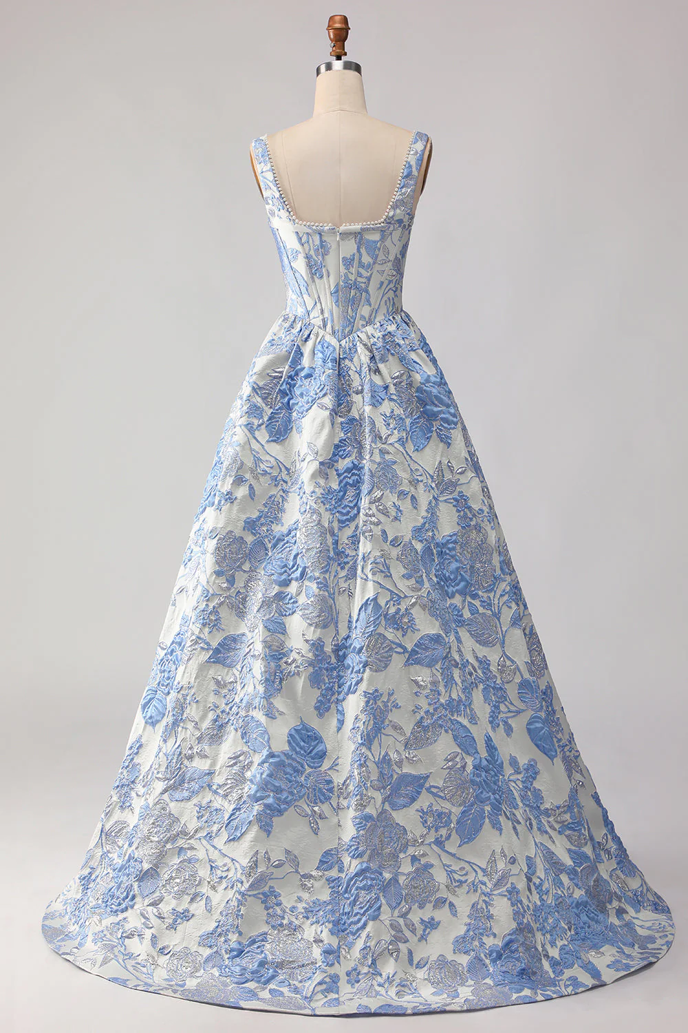 Light Blue A-Line Corset Jacquard Brocade Long Prom Dress with Pearls - Image 2