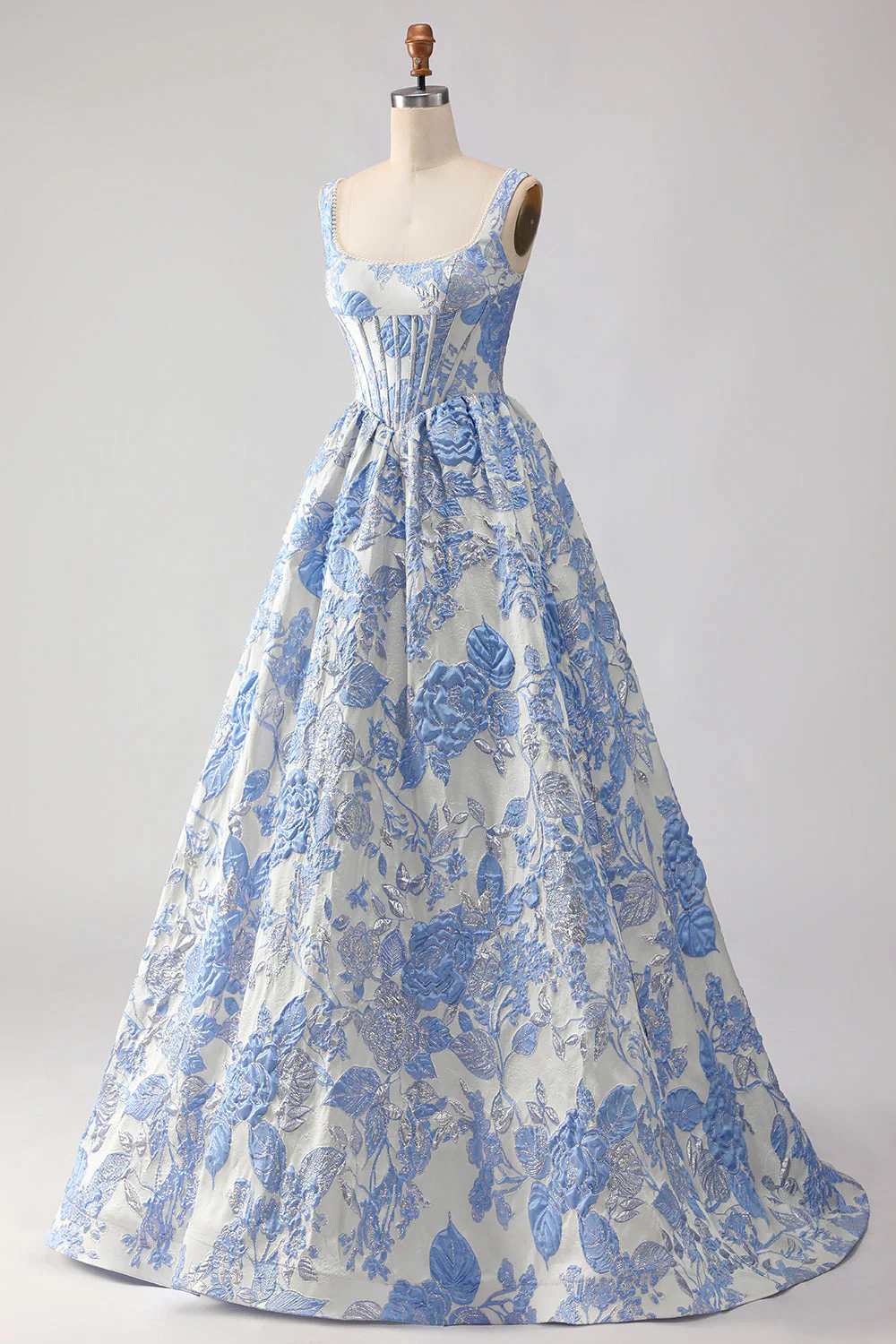 Light Blue A-Line Corset Jacquard Brocade Long Prom Dress with Pearls - Image 3