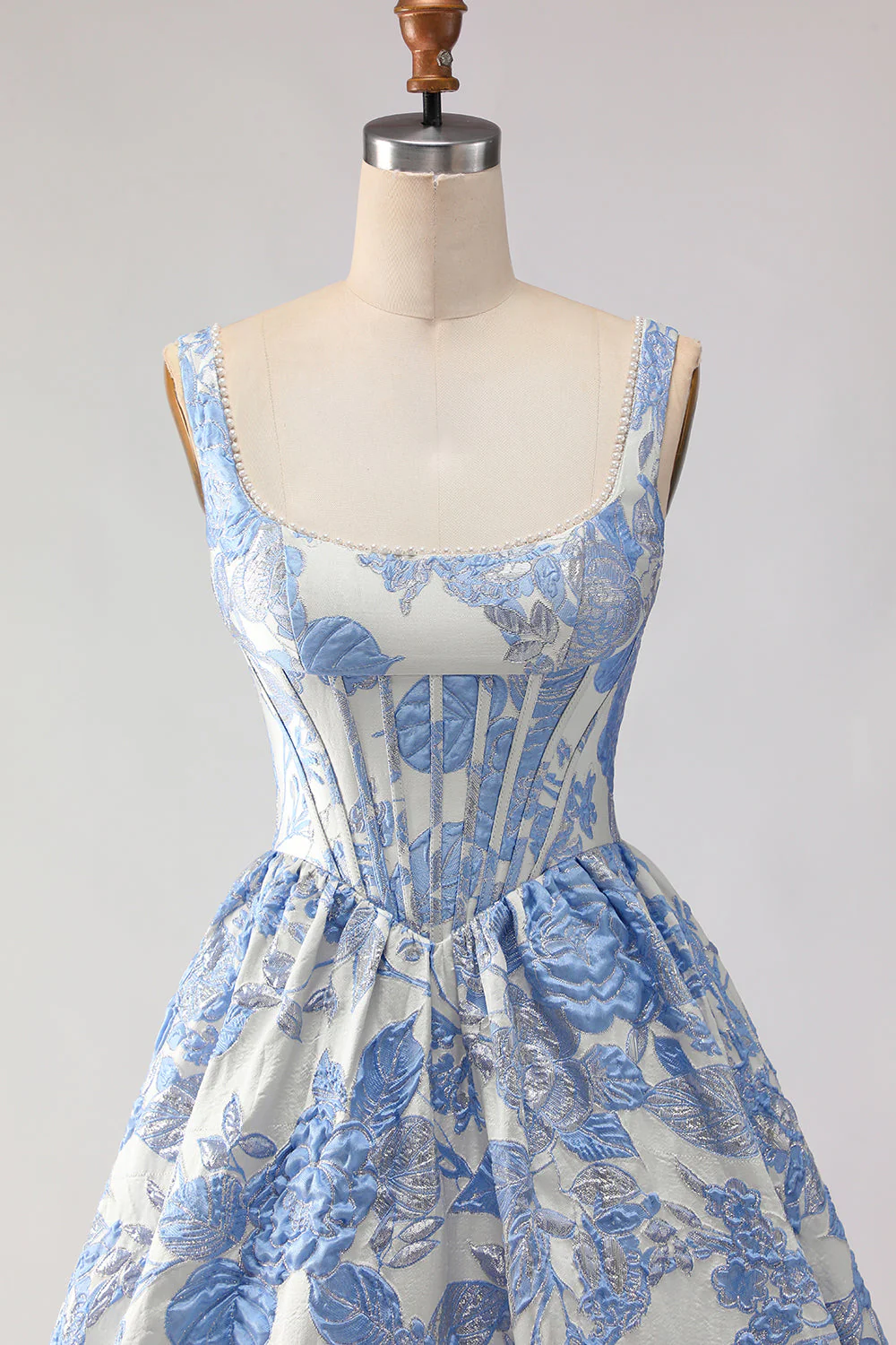 Light Blue A-Line Corset Jacquard Brocade Long Prom Dress with Pearls - Image 4