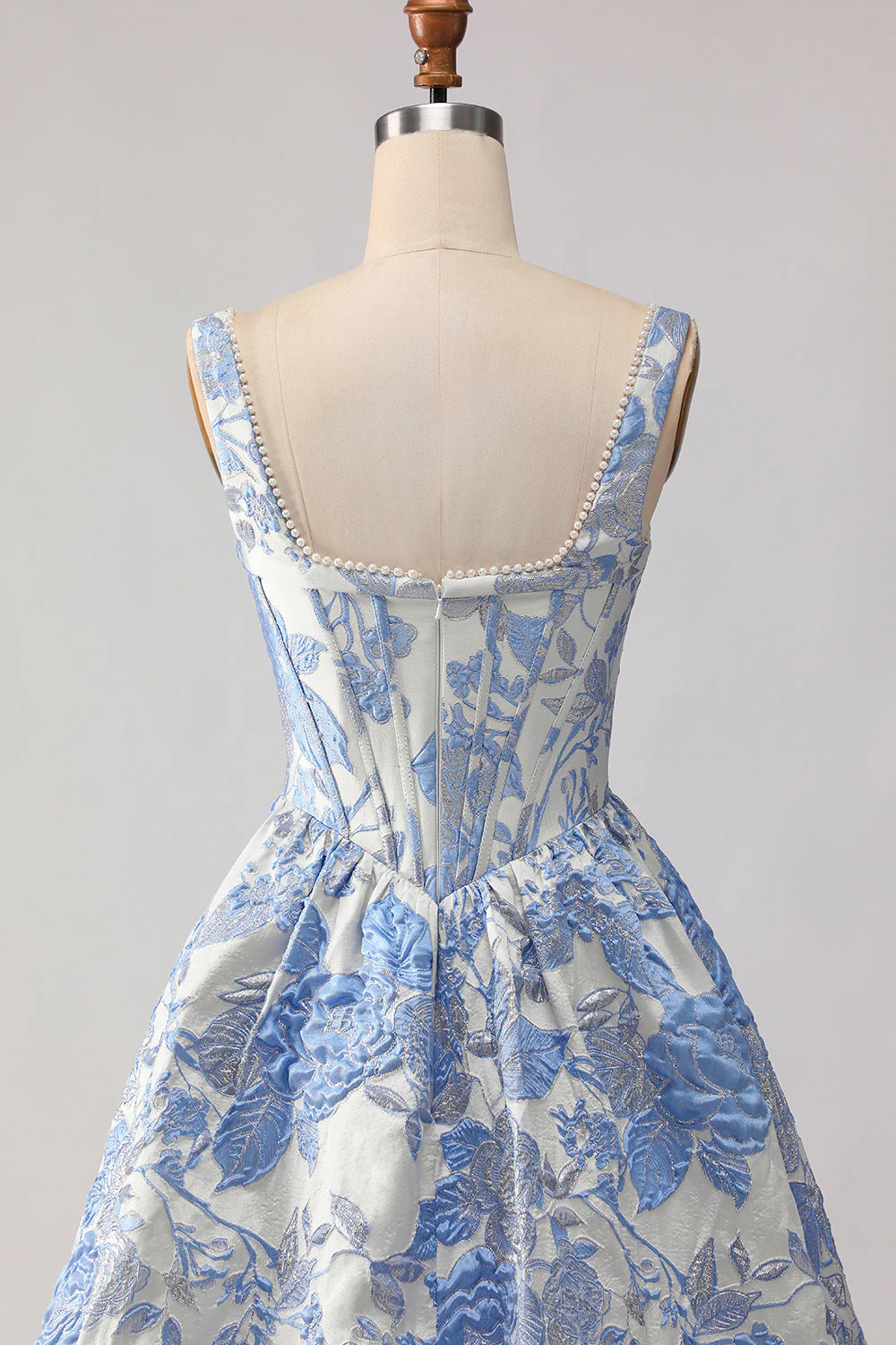 Light Blue A-Line Corset Jacquard Brocade Long Prom Dress with Pearls - Image 5