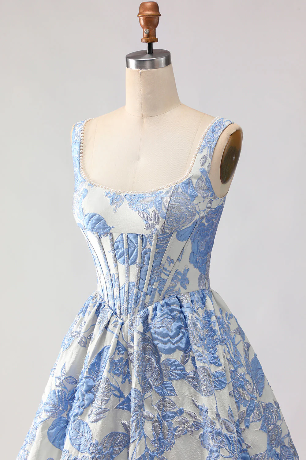 Light Blue A-Line Corset Jacquard Brocade Long Prom Dress with Pearls - Image 6