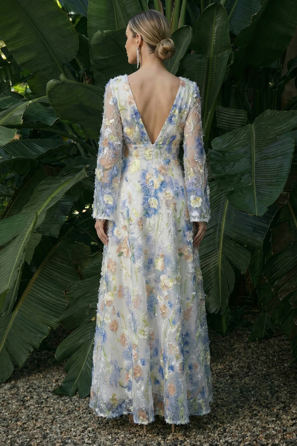 Light Blue A Line Long Sleeves V-Neck Maxi Floral Dress - Image 2