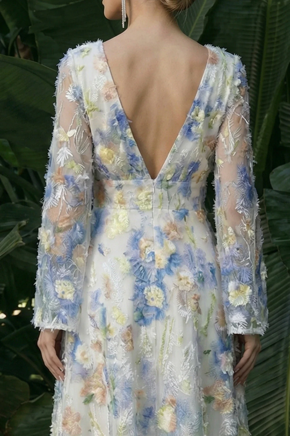 Light Blue A Line Long Sleeves V-Neck Maxi Floral Dress - Image 4