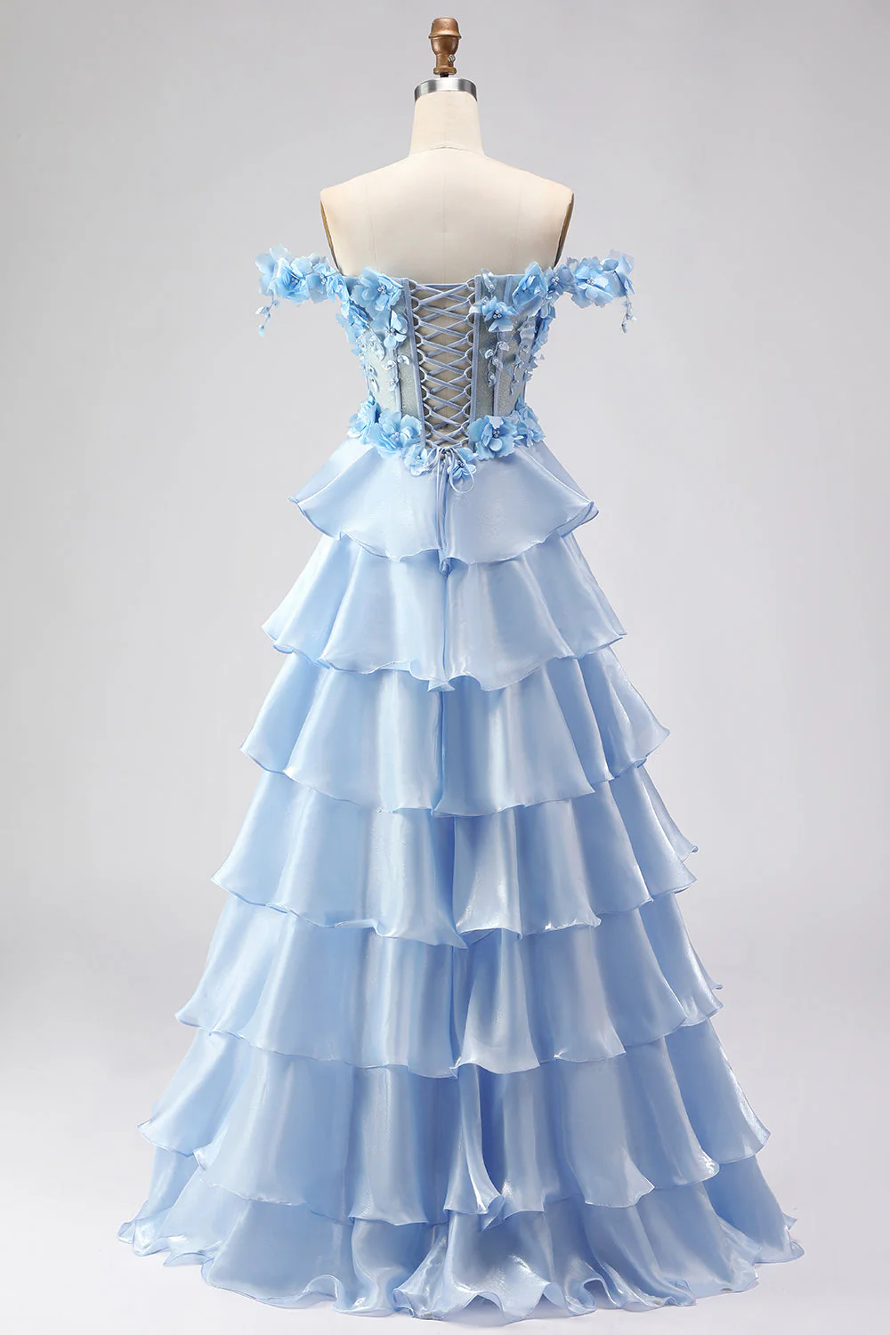 Light Blue A Line Off the Shoulder Appliqued Corset Tiered Ruffle Long Prom Dress - Image 2
