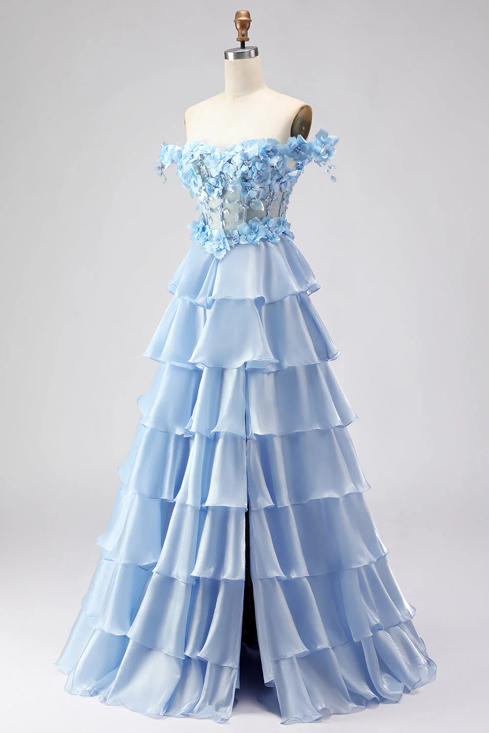 Light Blue A Line Off the Shoulder Appliqued Corset Tiered Ruffle Long Prom Dress - Image 3