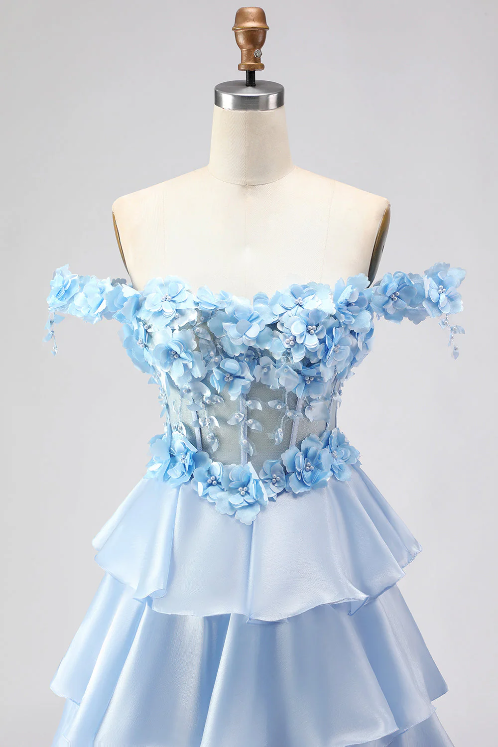Light Blue A Line Off the Shoulder Appliqued Corset Tiered Ruffle Long Prom Dress - Image 4