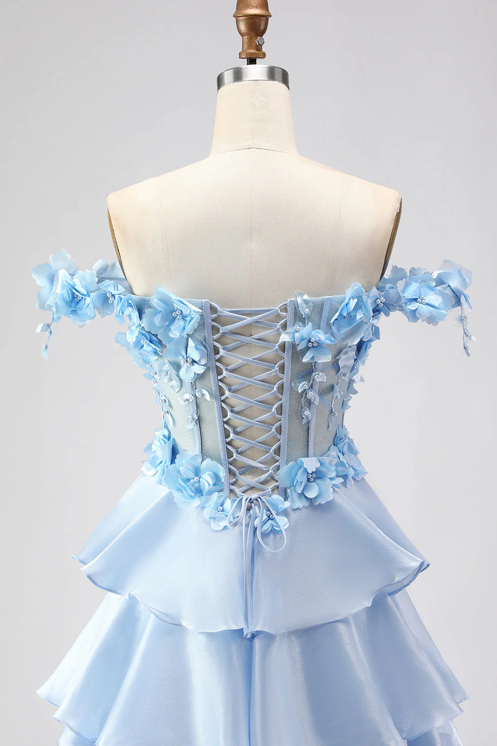 Light Blue A Line Off the Shoulder Appliqued Corset Tiered Ruffle Long Prom Dress - Image 5