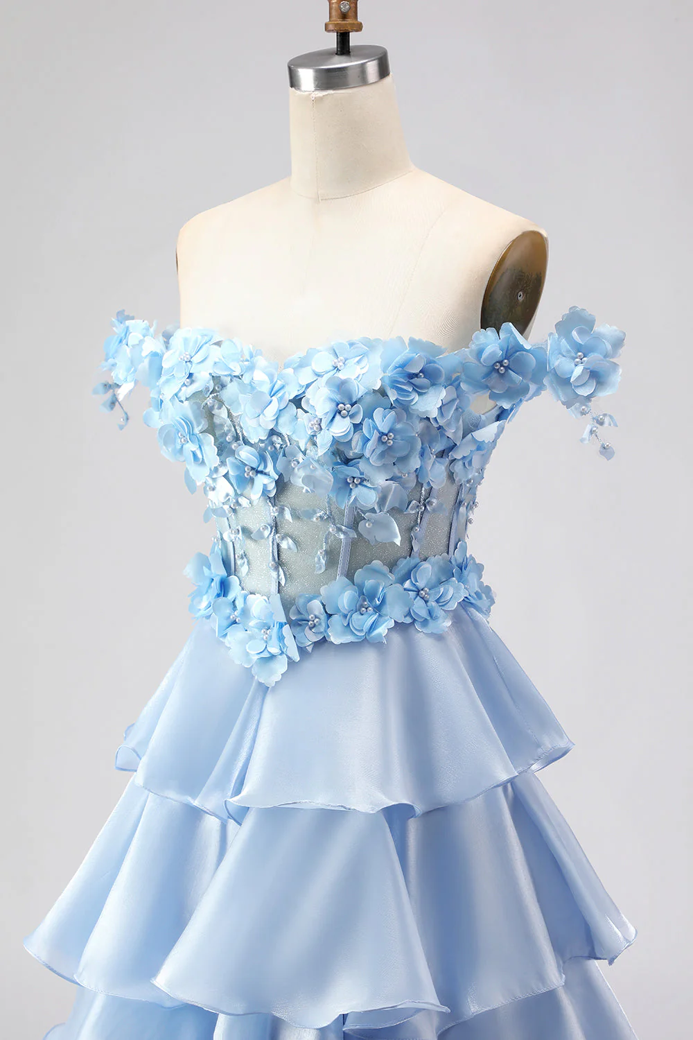Light Blue A Line Off the Shoulder Appliqued Corset Tiered Ruffle Long Prom Dress - Image 6