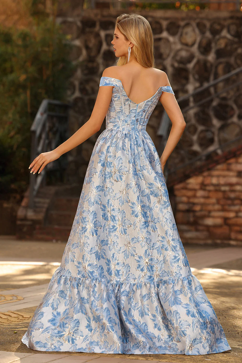 Light Blue A-Line Off The Shoulder Jacquard Brocade Convertible Long Prom Dress - Image 3