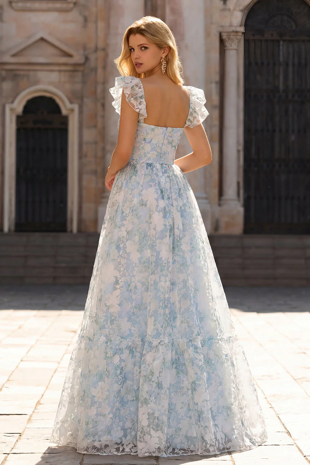 Light Blue A-Line Printed Floral V-Neck Long Prom Dress - Image 2