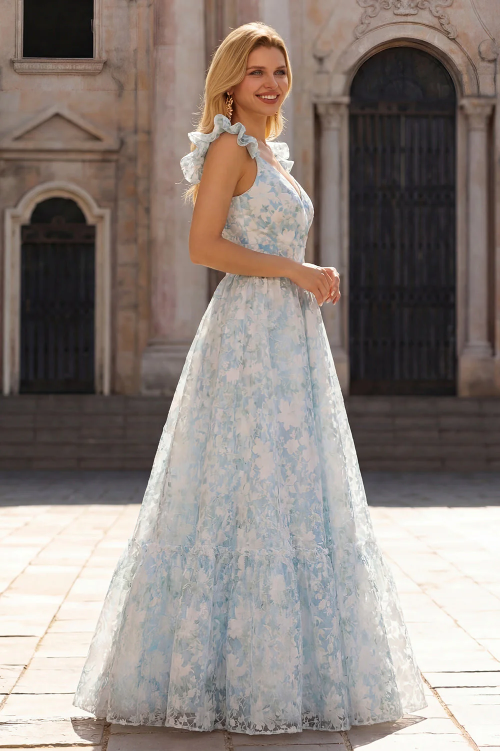Light Blue A-Line Printed Floral V-Neck Long Prom Dress - Image 3