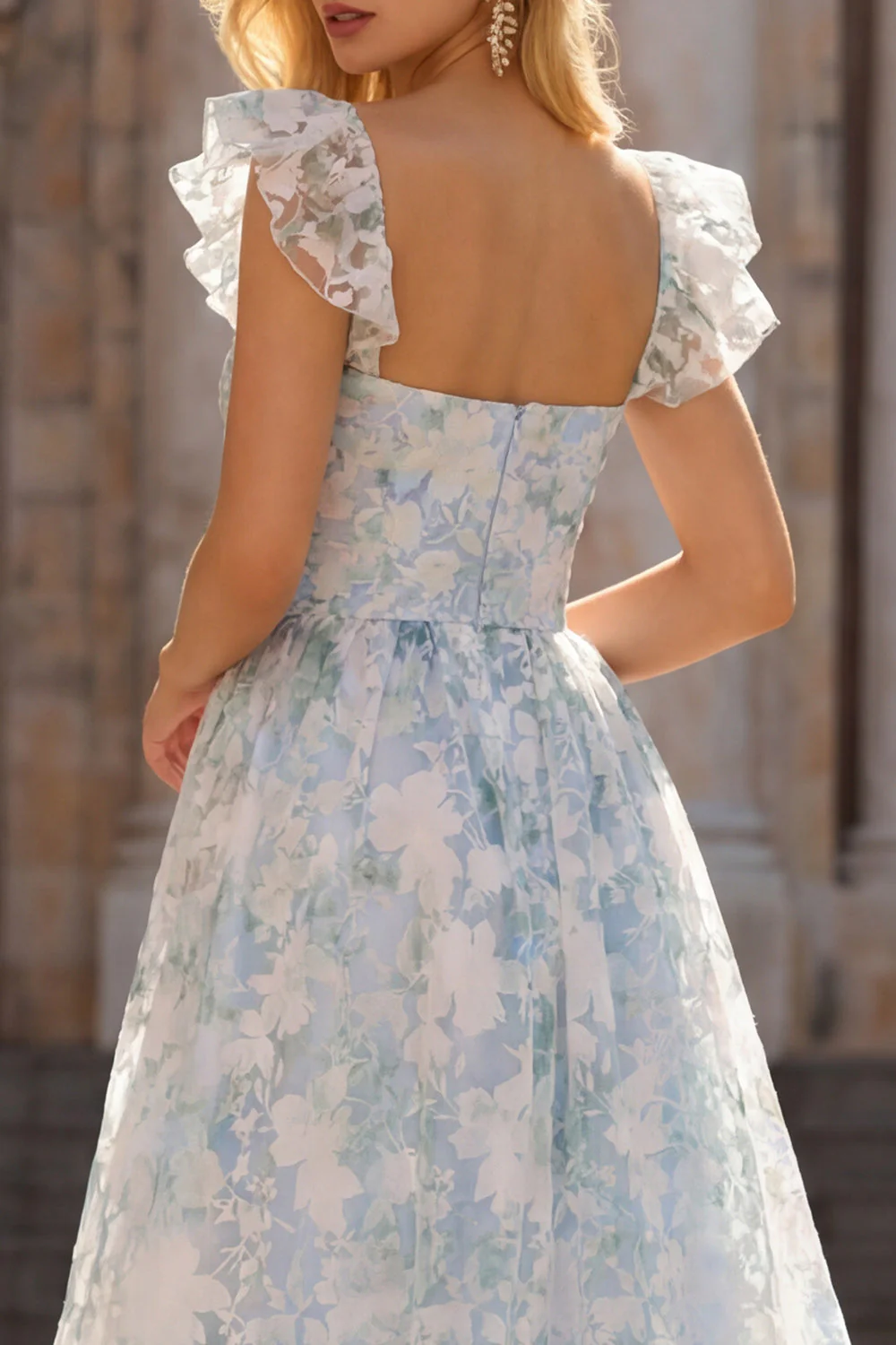 Light Blue A-Line Printed Floral V-Neck Long Prom Dress - Image 5