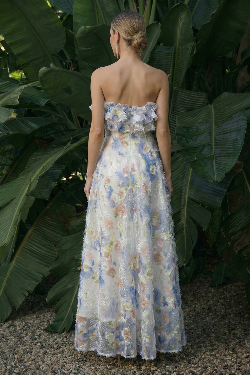 Light Blue A Line Ruffled Floral Long Formal Dress - Image 2