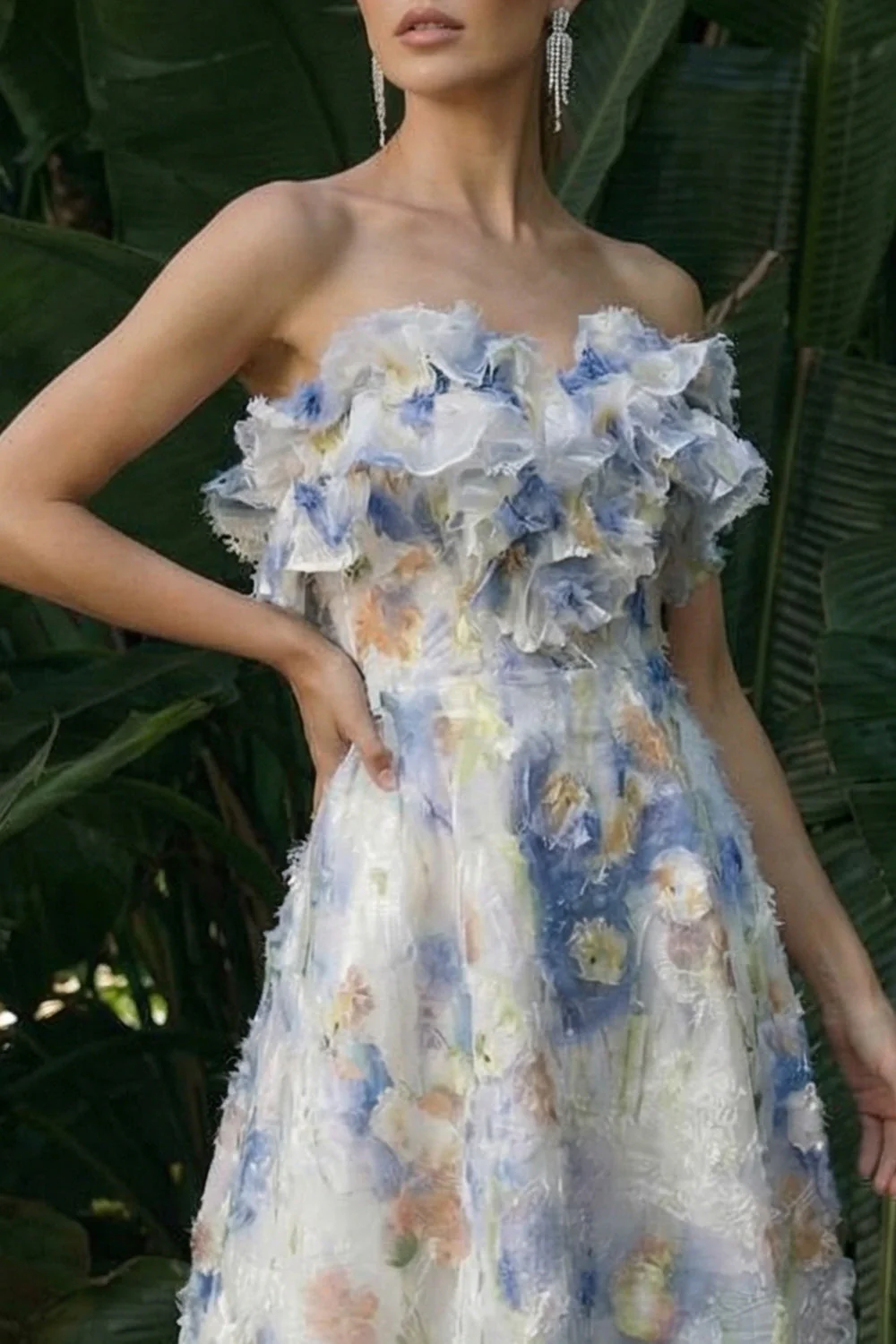 Light Blue A Line Ruffled Floral Long Formal Dress - Image 3