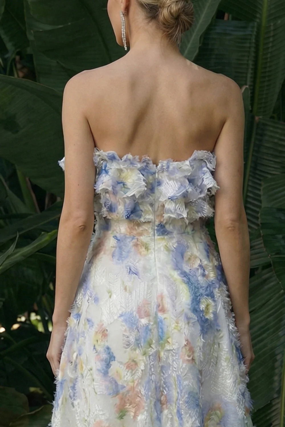 Light Blue A Line Ruffled Floral Long Formal Dress - Image 4