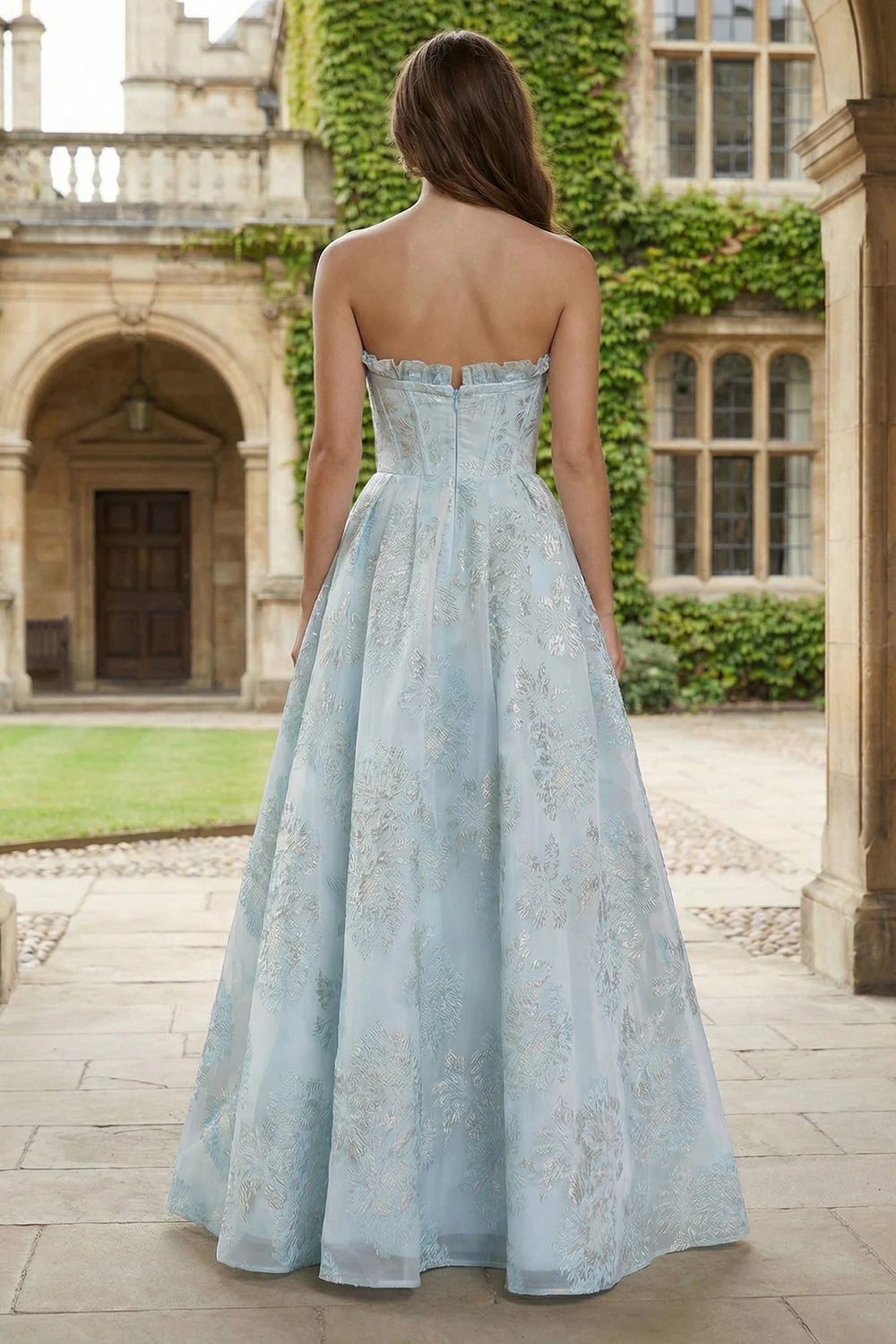 Light Blue A-Line Strapless Jacquard Satin Brocade Maxi Dress - Image 2