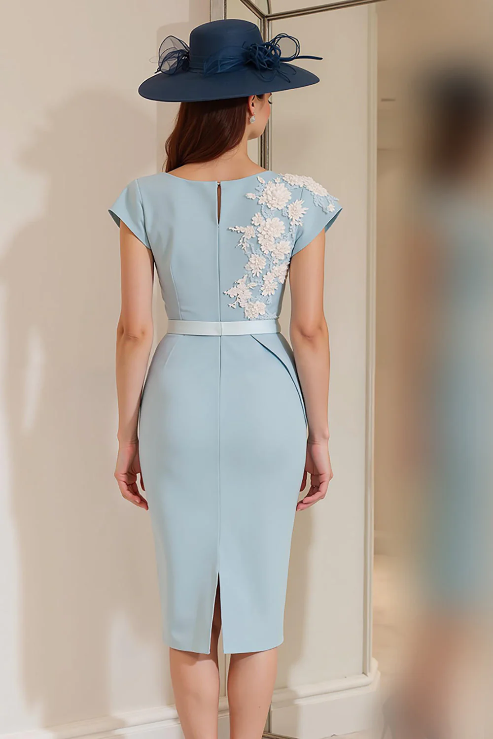 Light Blue Appliqued Sheath Midi Mother Of The Bride Dress - Image 2