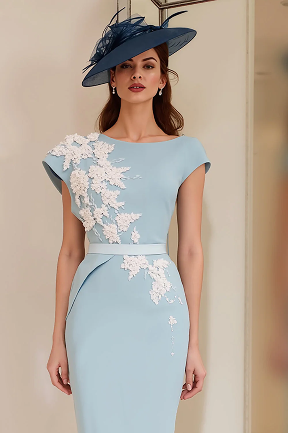 Light Blue Appliqued Sheath Midi Mother Of The Bride Dress - Image 3