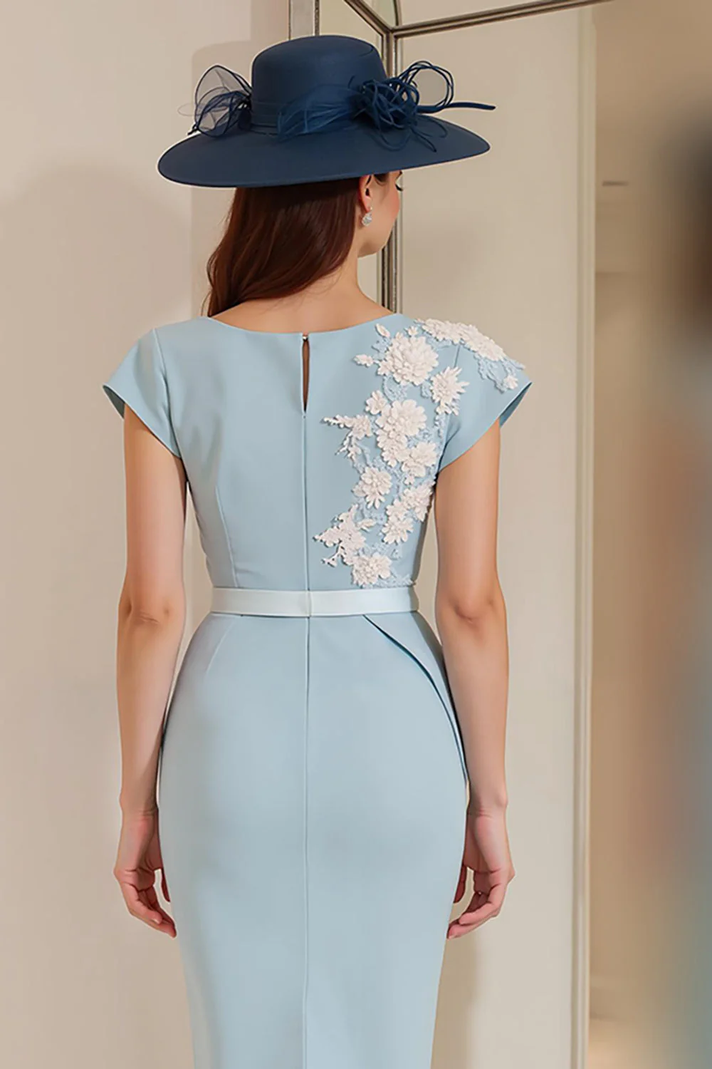 Light Blue Appliqued Sheath Midi Mother Of The Bride Dress - Image 4