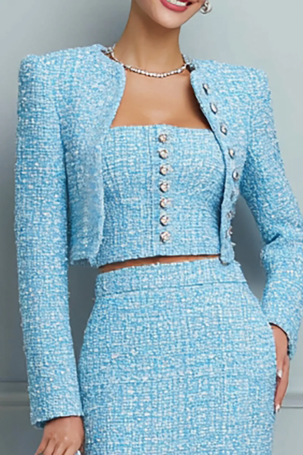 Light Blue Bodycon 3-Piece Long Sleeve Work Dress - Image 2