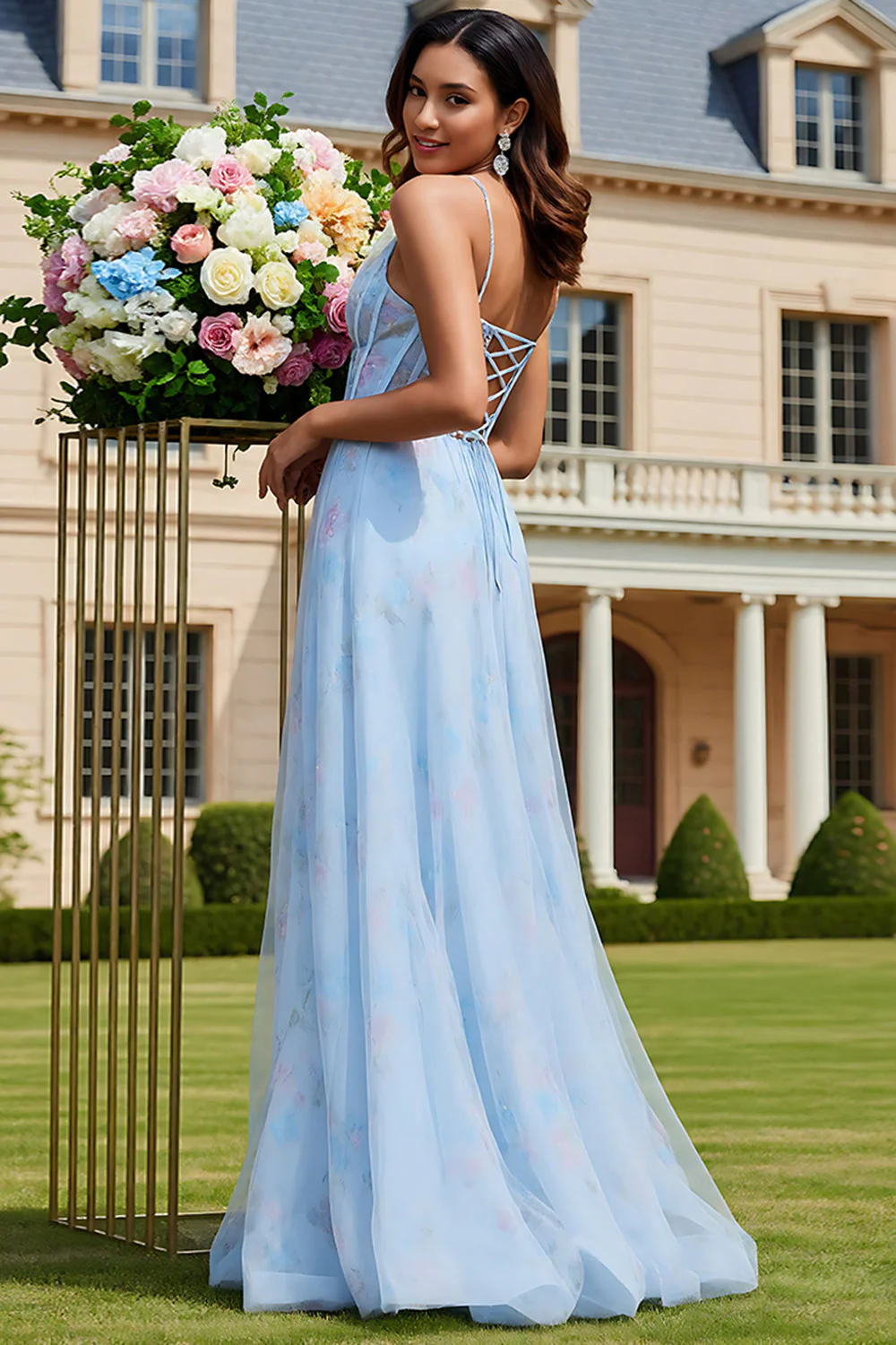 Light Blue Floral A-Line Lace Up Back Corset Long Prom Dress with Slit - Image 2
