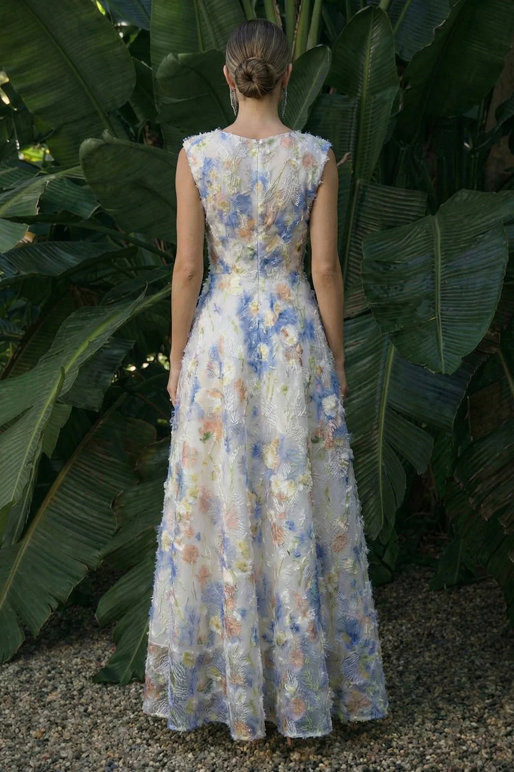 Light Blue Boat Neck Long A Line Floral Dress - Image 2