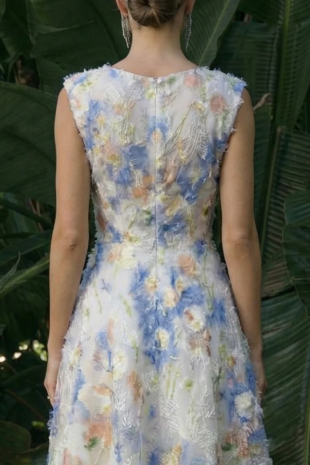 Light Blue Boat Neck Long A Line Floral Dress - Image 4