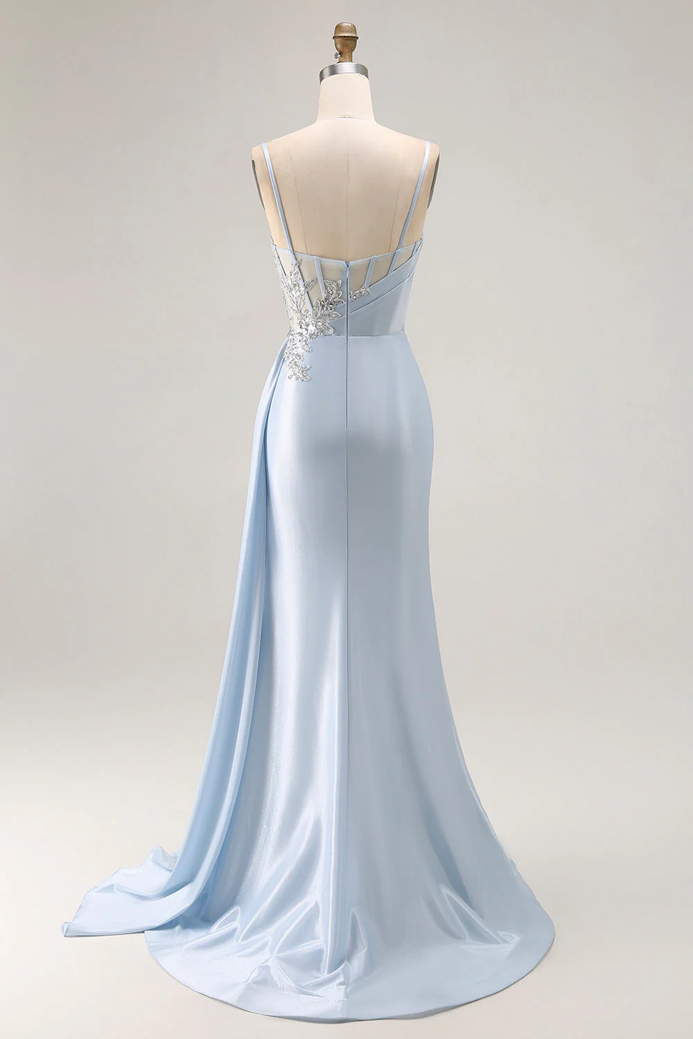 Light Blue Mermaid Appliqued Corset Long Prom Dress With Slit - Image 2