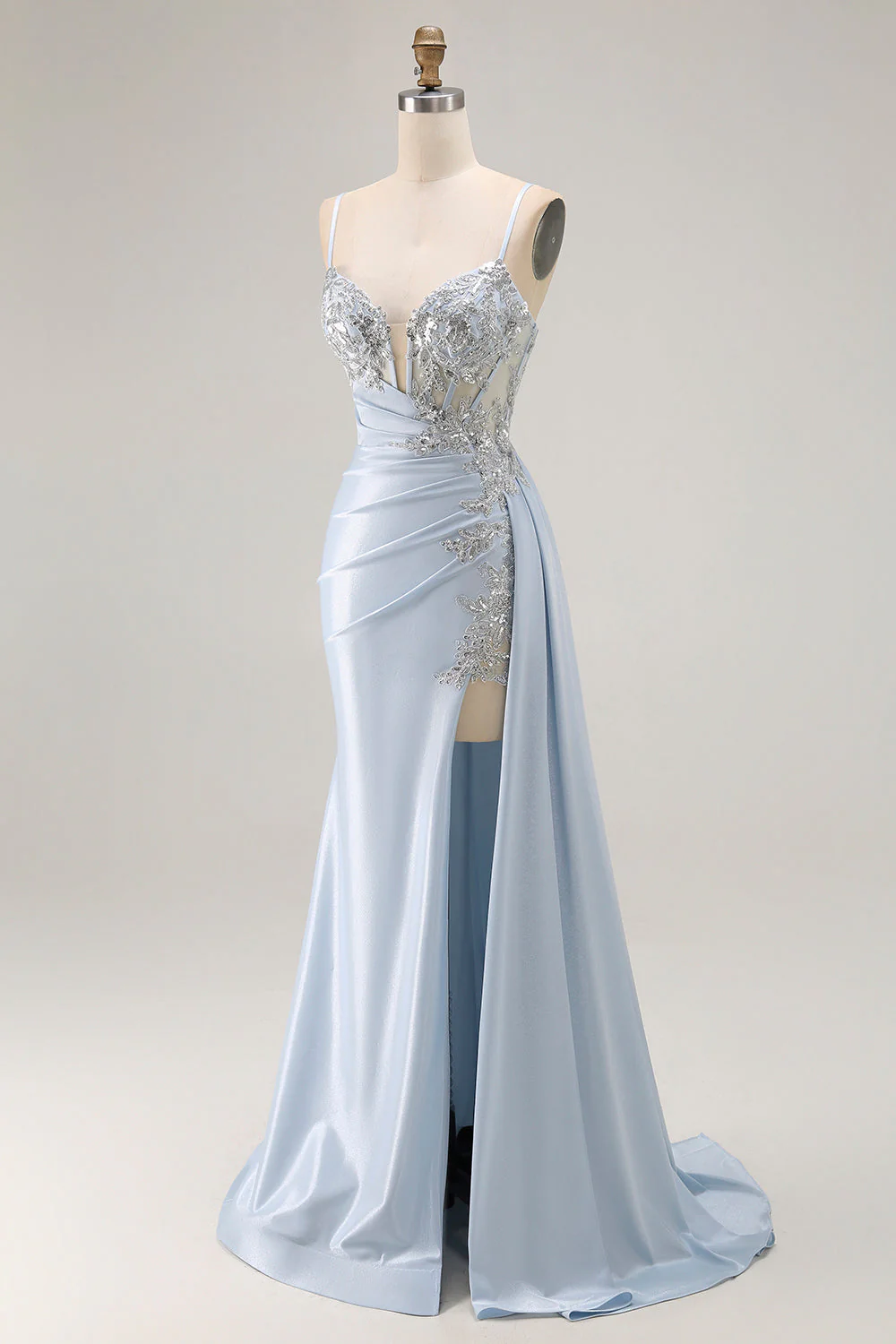 Light Blue Mermaid Appliqued Corset Long Prom Dress With Slit - Image 3